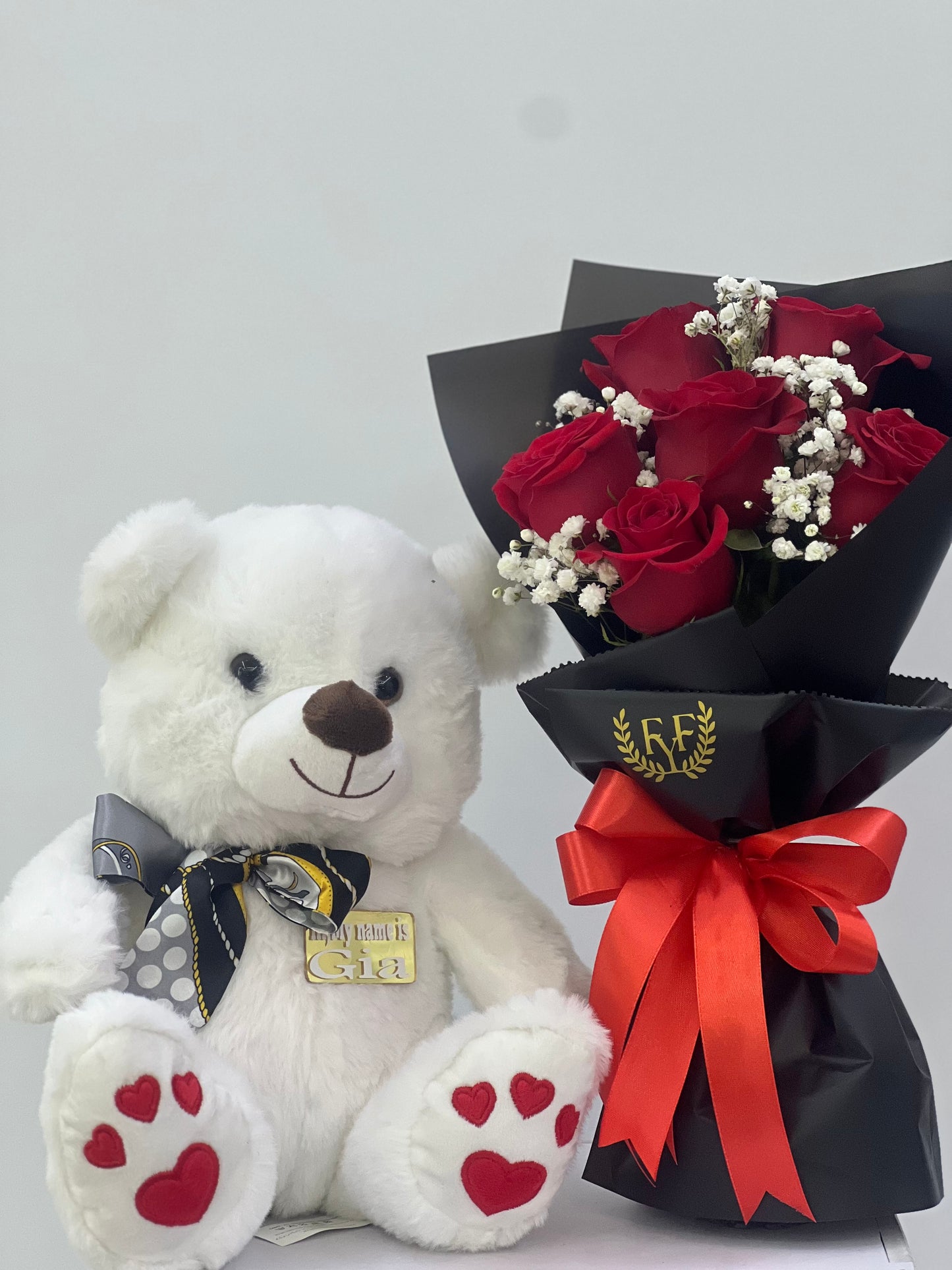 FYF-BTB-412A- 6pcs Red Rose with white Teddy Bear