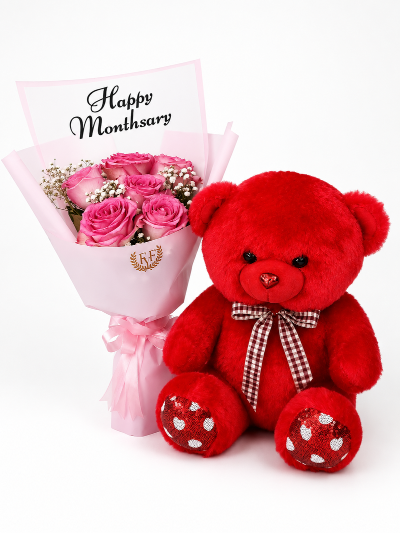 Teddy Bear 40cm with Bouquet of 3Red Roses (QAR.130)