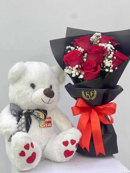 FYF-BTB-412A- 6pcs Red Rose with white Teddy Bear