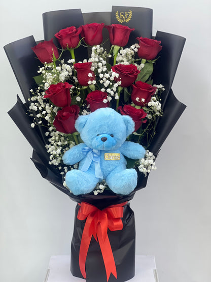 FYF-SBTB-412B- 12 Red Roses with Teddy Bear