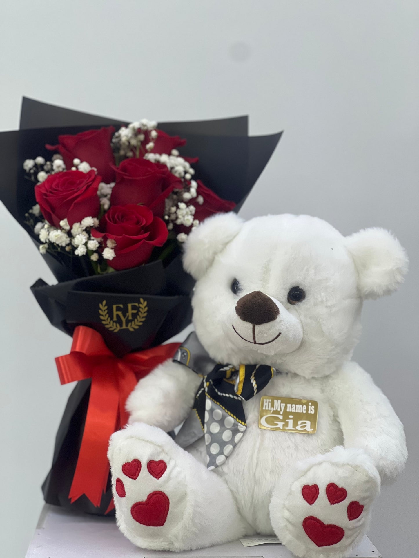 FYF-BTB-412A- 6pcs Red Rose with white Teddy Bear