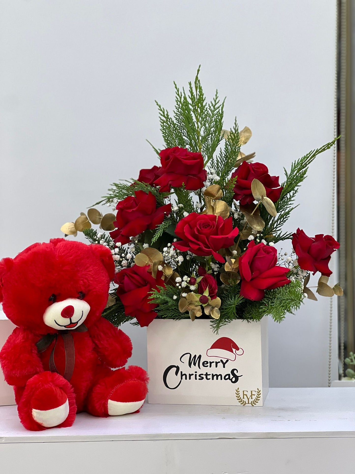FYF-TBA-2312C- Christmas box of Red Roses with Teddy Red